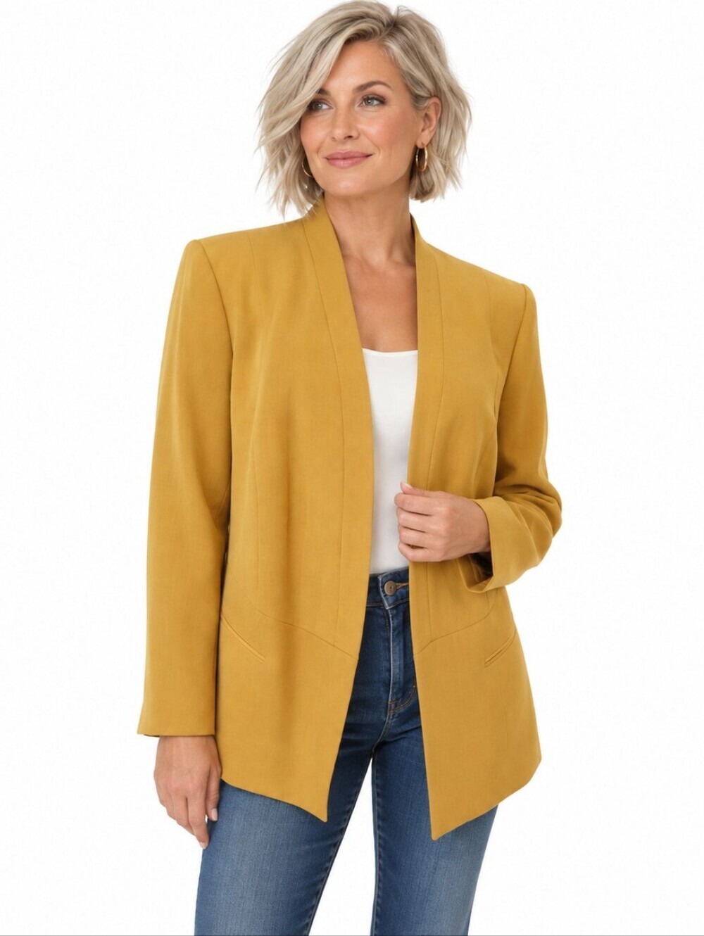 Nipon Boutique Mustard Yellow Open Front Blazer – Chic Workwear Layer Size 18W